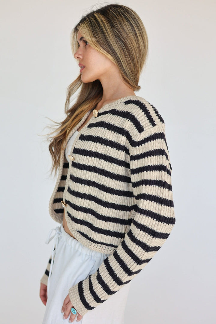 Marina Striped Cardigan with Gold Crest Buttons - Bacio & Co.