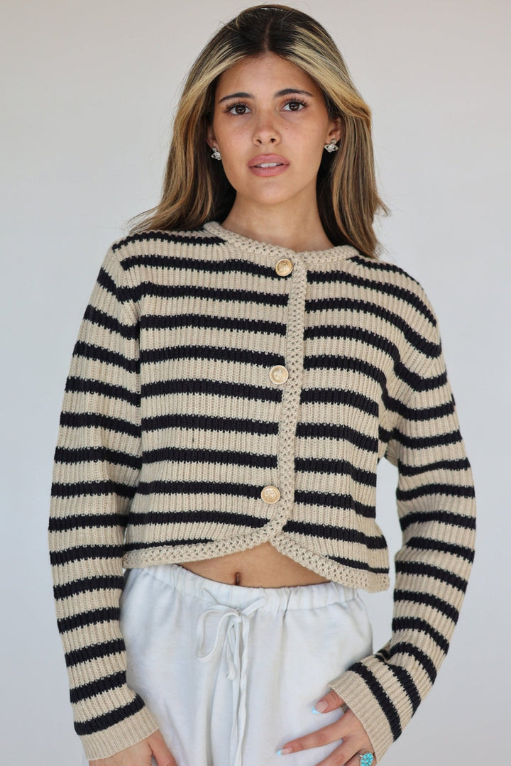 Marina Striped Cardigan with Gold Crest Buttons - Bacio & Co.