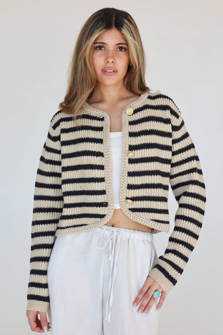 Marina Striped Cardigan with Gold Crest Buttons - Bacio & Co.