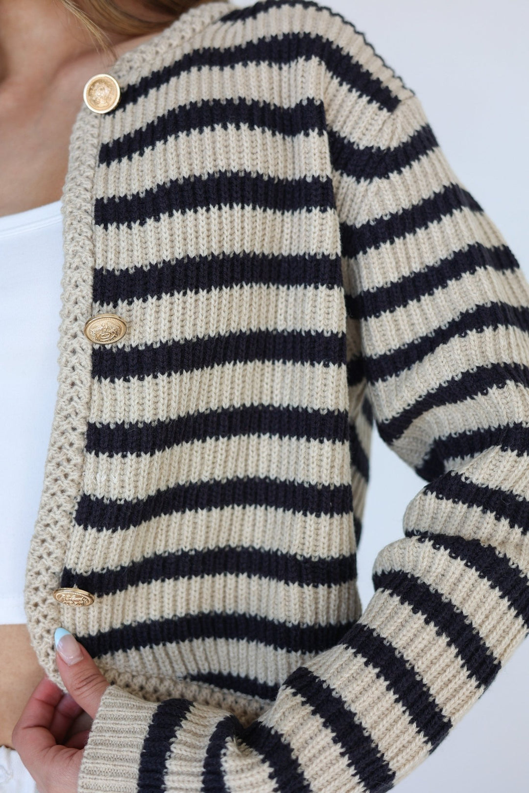 Marina Striped Cardigan with Gold Crest Buttons - Bacio & Co.