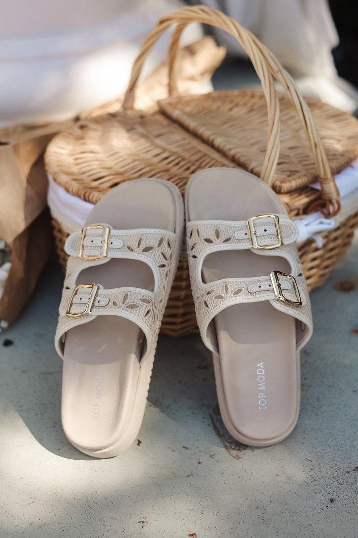 Mia Raffia Double - Buckle Comfort Slide Sandal - Bacio &amp; Co.