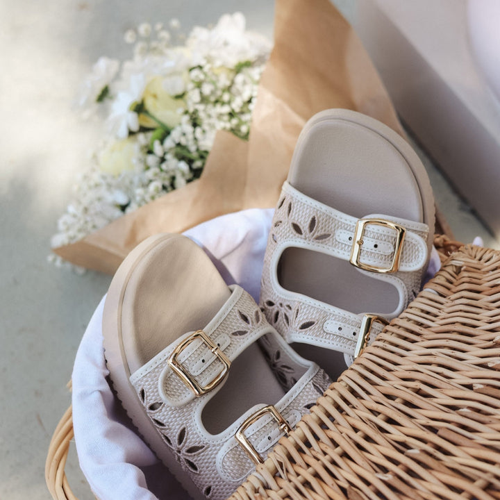 Mia Raffia Double - Buckle Comfort Slide Sandal - Bacio &amp; Co.