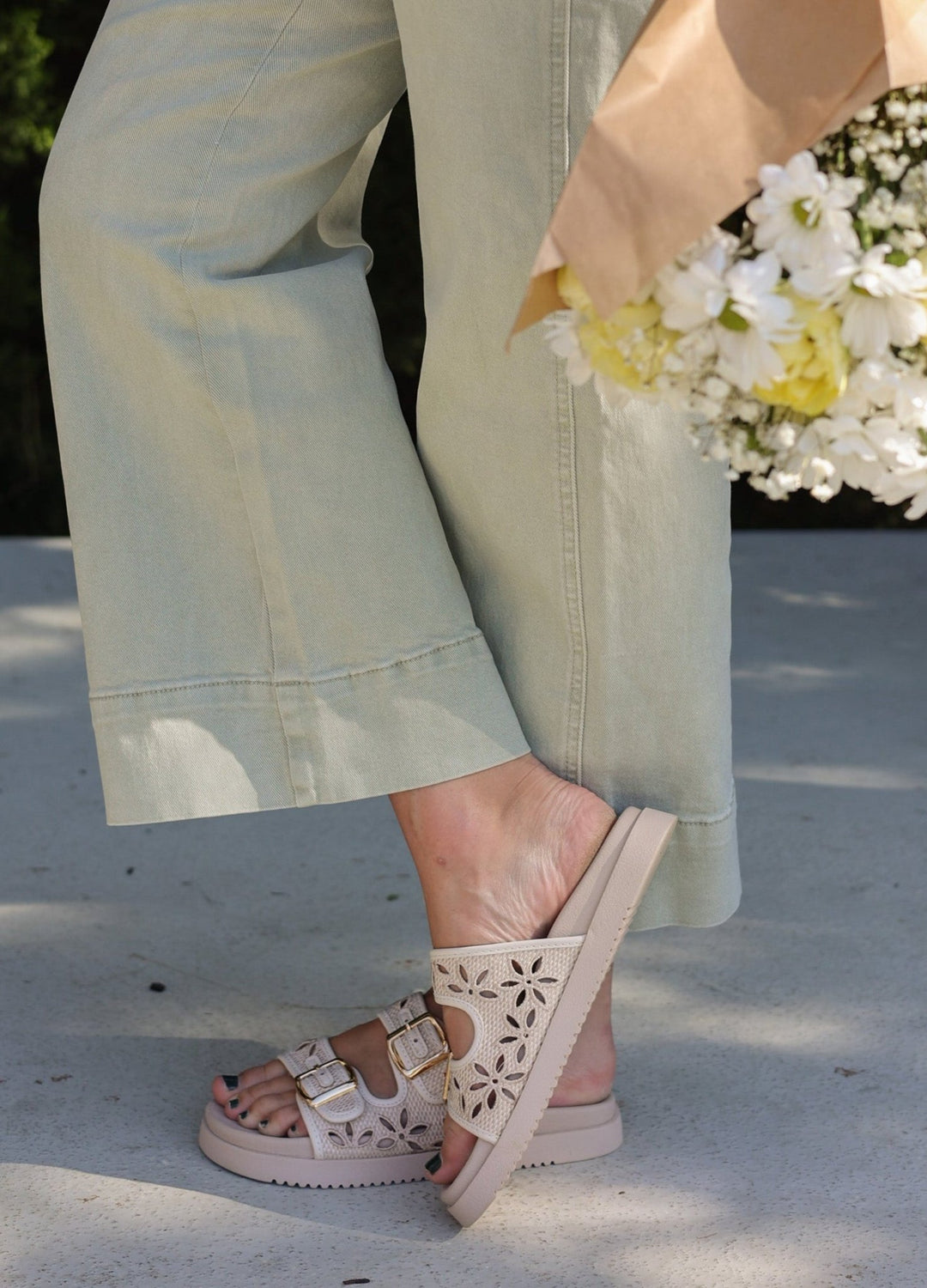 Mia Raffia Double - Buckle Comfort Slide Sandal - Bacio &amp; Co.
