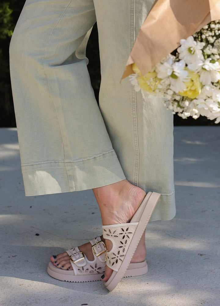 Mia Raffia Double - Buckle Comfort Slide Sandal - Bacio &amp; Co.