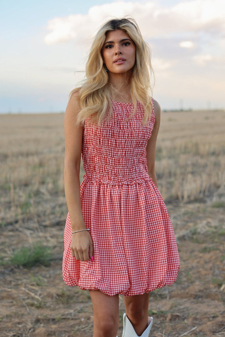 Nashville Red Gingham Smocked Bubble Dress - Bacio &amp; Co.