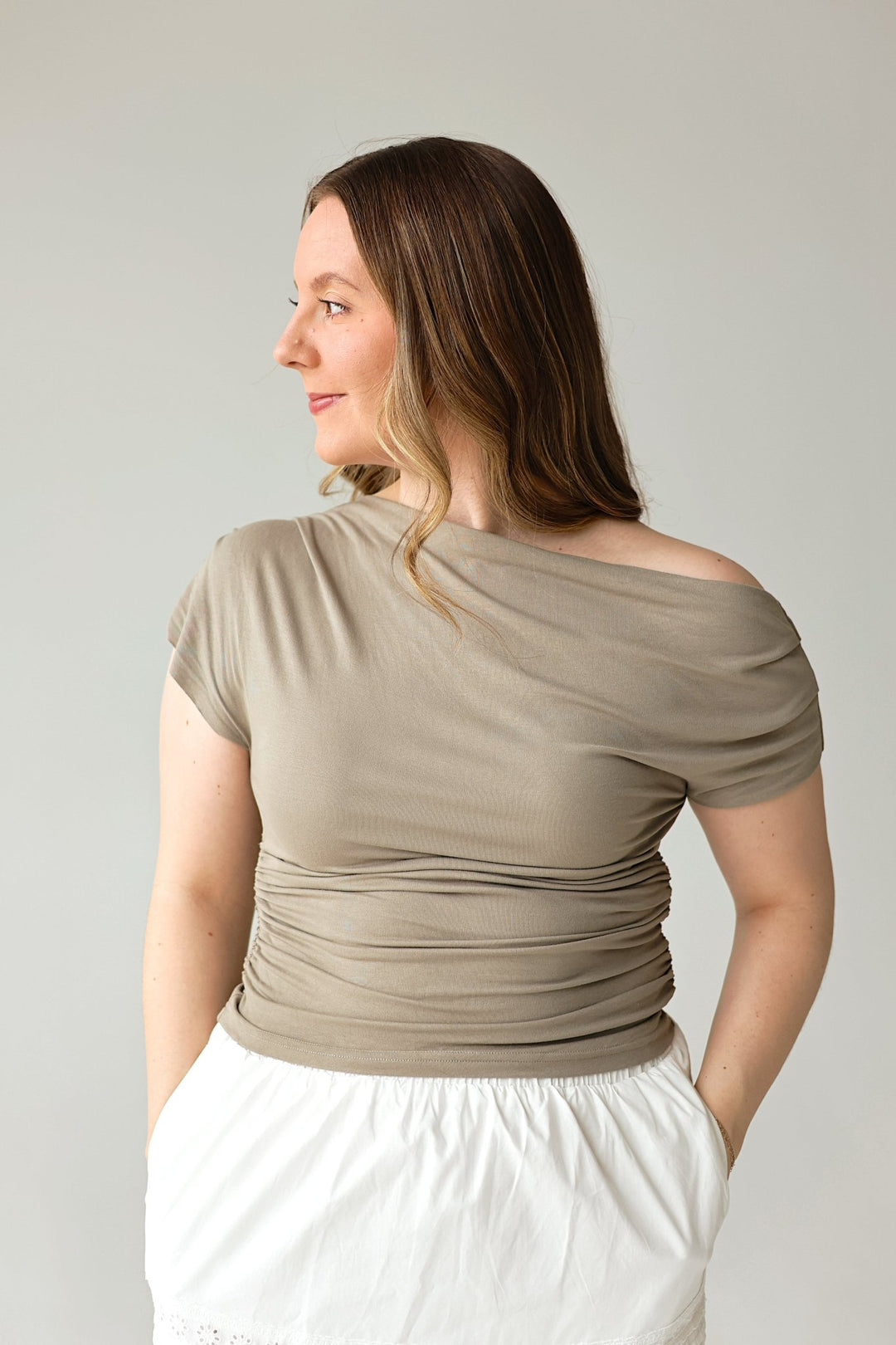 Olivetta Asymmetrical Ruched Knit Top - Bacio & Co.