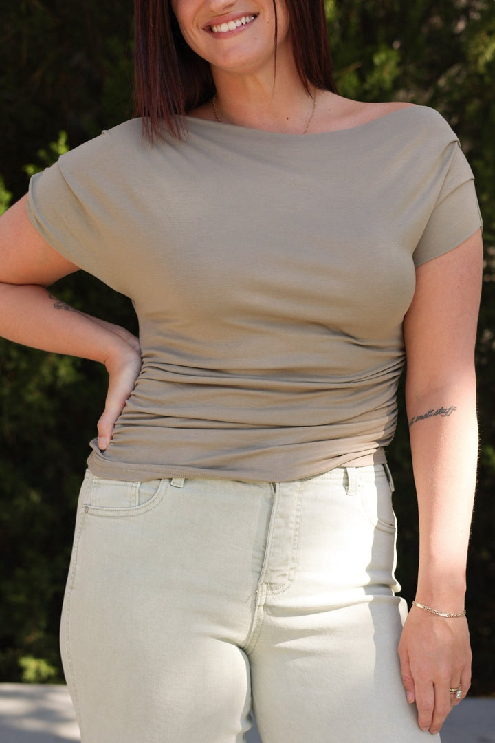 Olivetta Asymmetrical Ruched Knit Top - Bacio & Co.