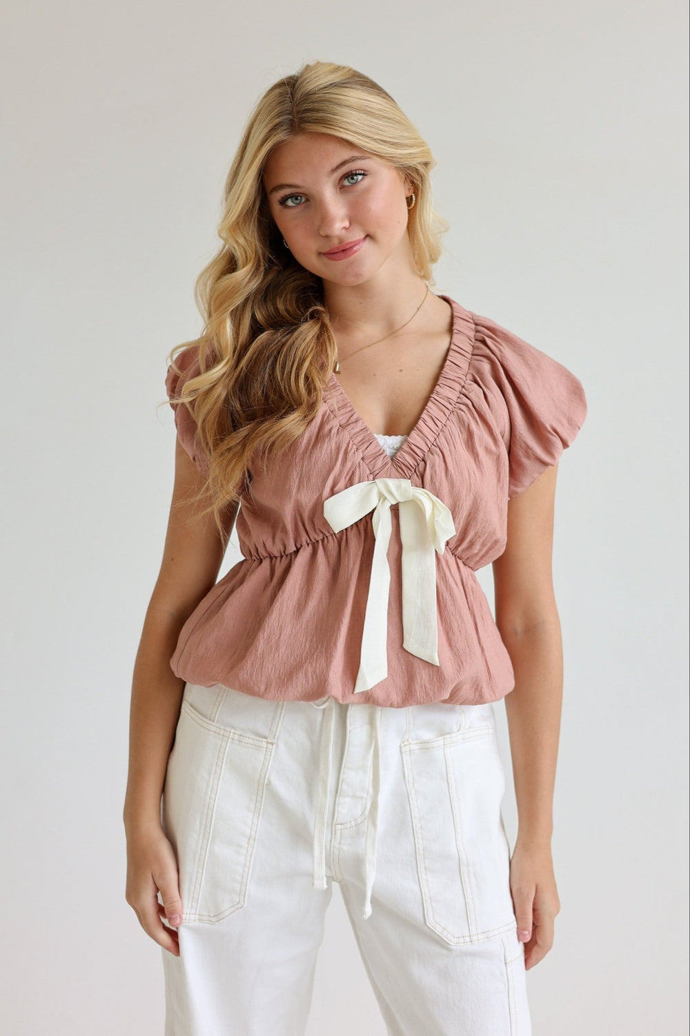 Rosa Tie - Front Blouse with Bubble Sleeves - Bacio & Co.