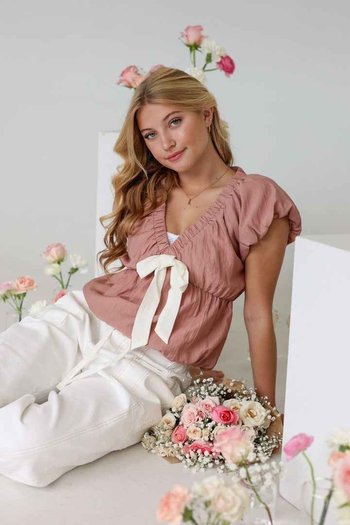 Rosa Tie - Front Blouse with Bubble Sleeves - Bacio &amp; Co.