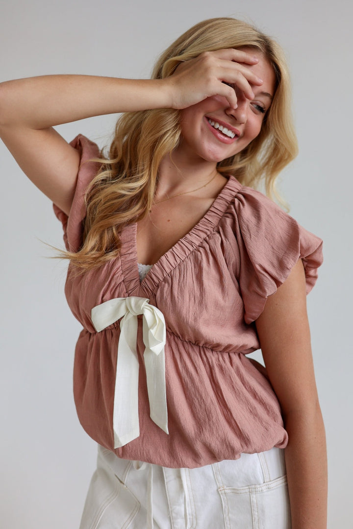 Rosa Tie - Front Blouse with Bubble Sleeves - Bacio &amp; Co.