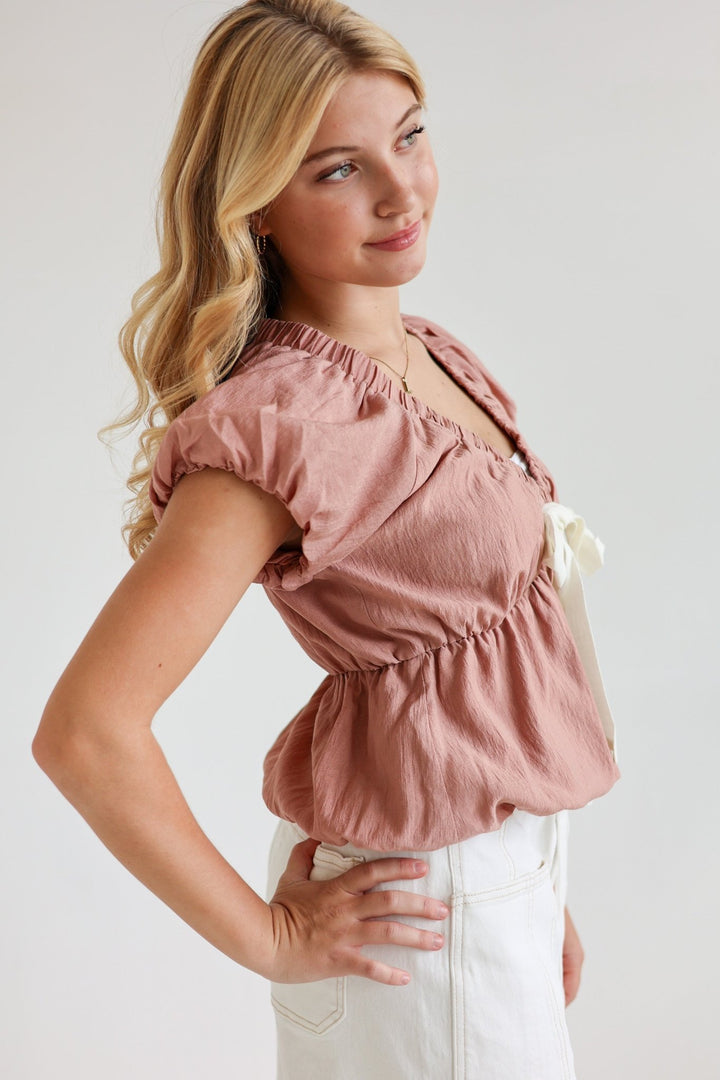 Rosa Tie - Front Blouse with Bubble Sleeves - Bacio &amp; Co.