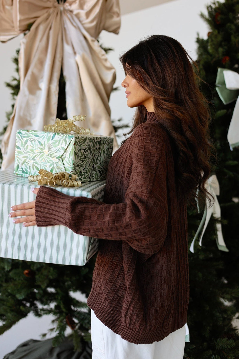Rowan Oversized Checkered Mock Neck Cotton Sweater - Bacio & Co.