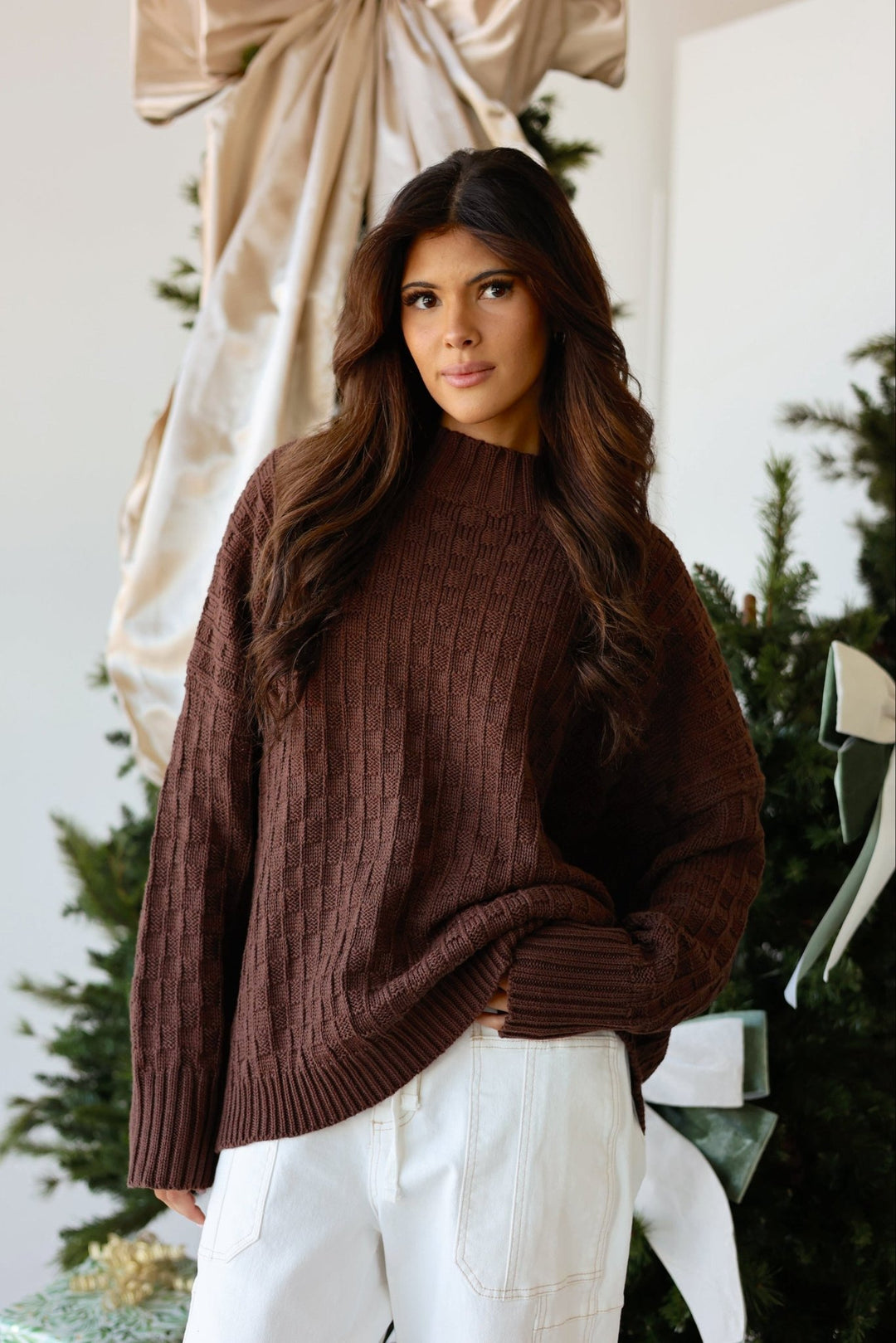 Rowan Oversized Checkered Mock Neck Cotton Sweater - Bacio & Co.