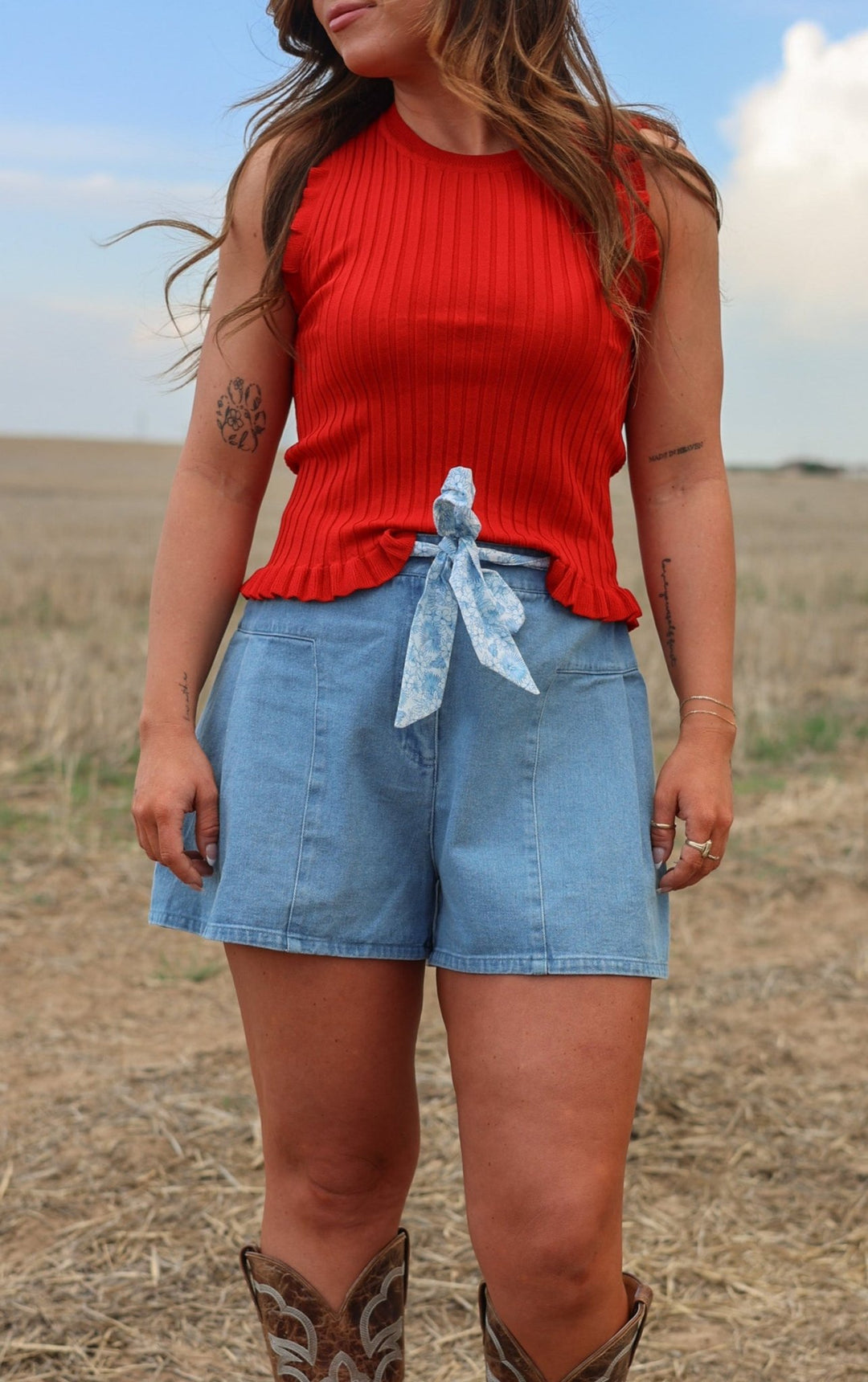 Savannah High - Rise Flounce Denim Shorts with Floral Sash - Bacio &amp; Co.