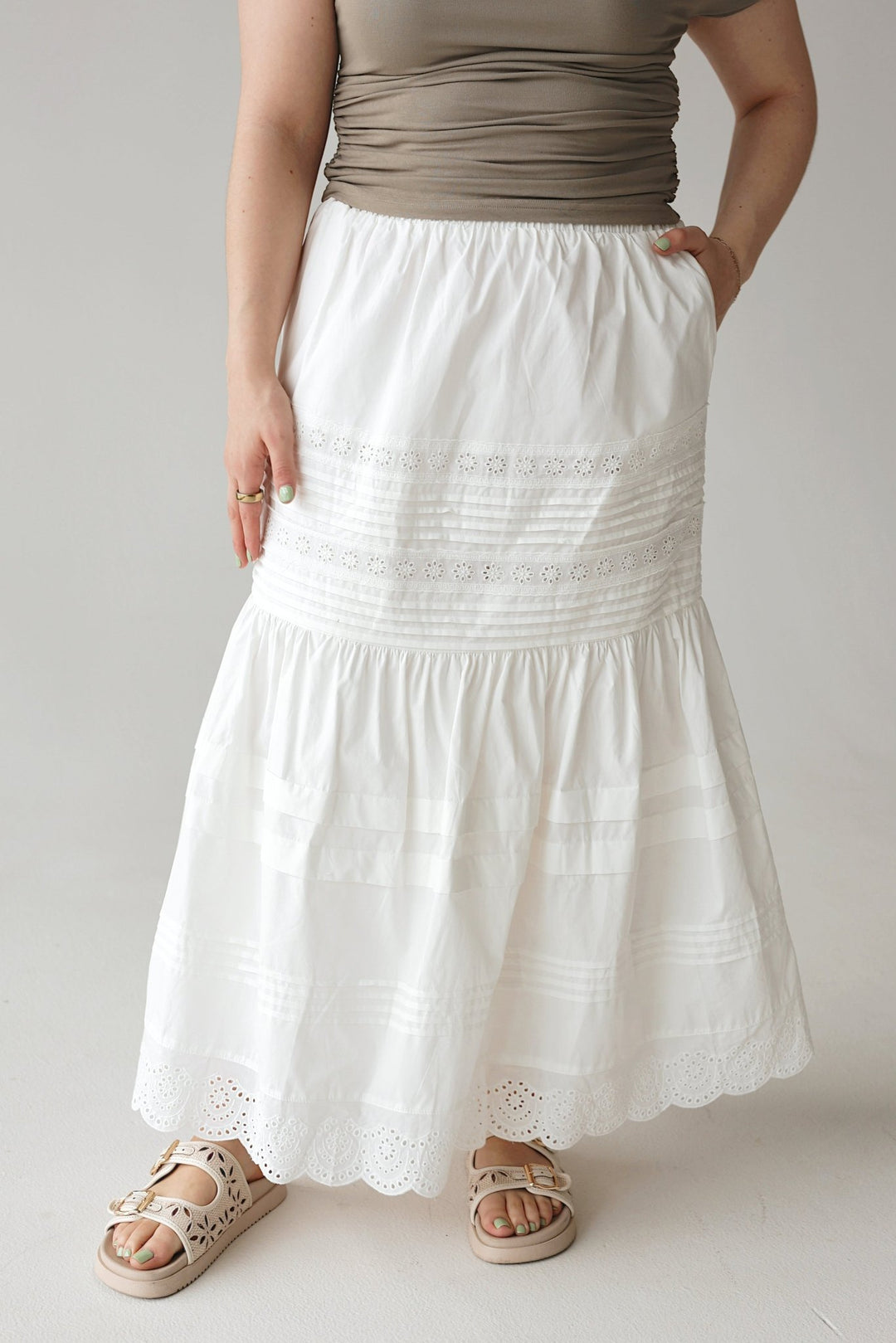Slow Living White Eyelet Tiered Maxi Skirt with Pockets - Bacio & Co.