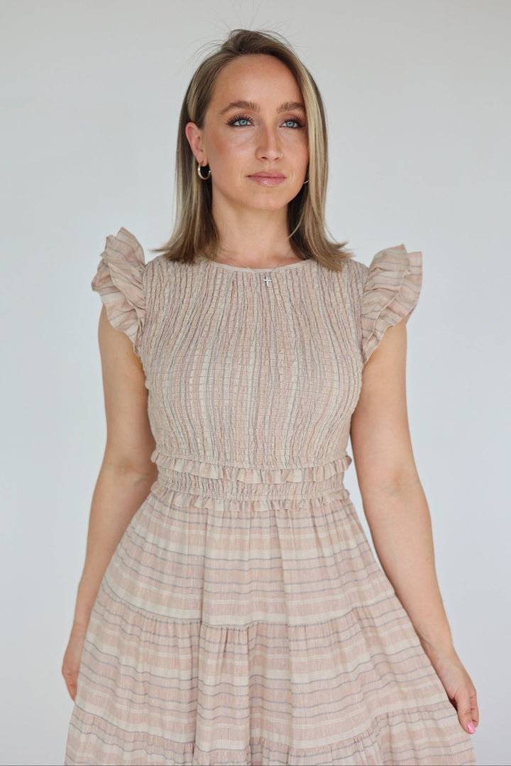 Sole Smocked Flutter Sleeve Tiered Midi Dress - Bacio &amp; Co.