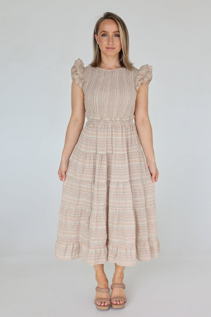 Sole Smocked Flutter Sleeve Tiered Midi Dress - Bacio &amp; Co.