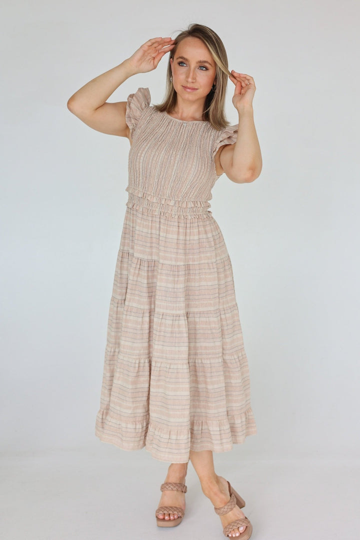 Sole Smocked Flutter Sleeve Tiered Midi Dress - Bacio &amp; Co.