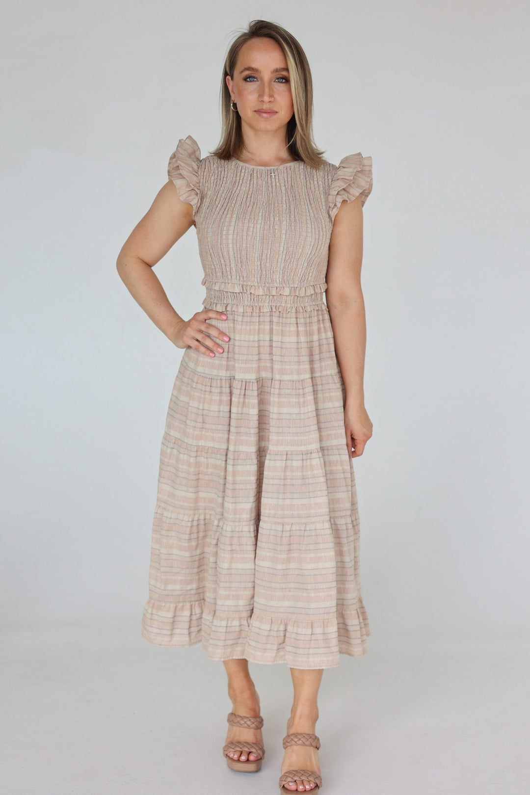Sole Smocked Flutter Sleeve Tiered Midi Dress - Bacio & Co.