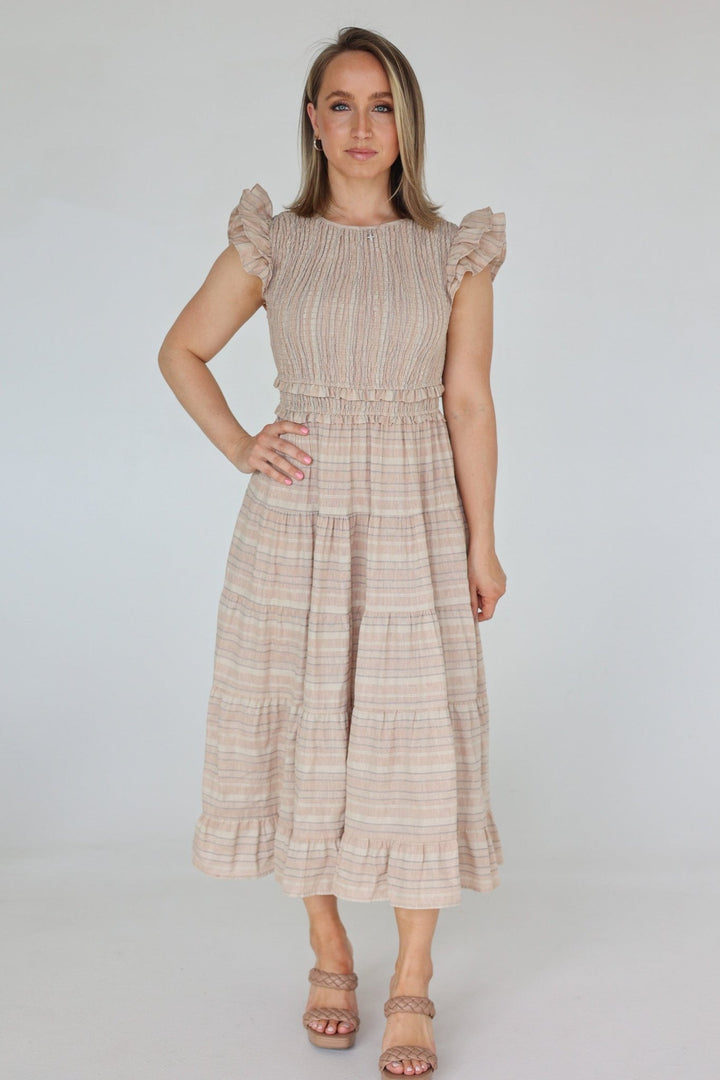 Sole Smocked Flutter Sleeve Tiered Midi Dress - Bacio &amp; Co.